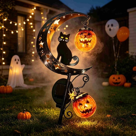 Solar Halloween Black Cat Pumpkin Moon Garden Stake Light, Waterproof Outdoor Halloween Yard Decor (#C)