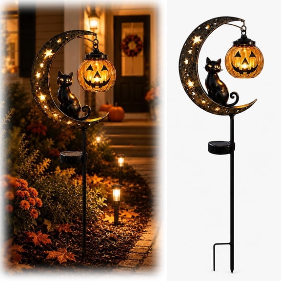 Solar Halloween Black Cat & Pumpkin Moon Garden Stake Light, Waterproof Solar Black Cat on Crescent Moon with Hanging Pumpkin Lantern, Outdoor Halloween Yard Decor for Garden (1pcs)