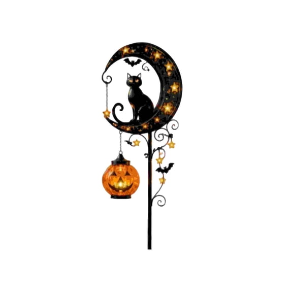 Solar Halloween Black Cat & Pumpkin Moon - Pumpkin Moon Garden Stake Light - Halloween Hanging Pumpkin Lantern lamp for Outdoor Patio Pathway Yard Lawn Decors