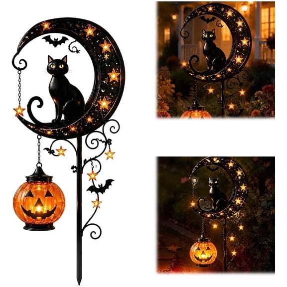 Solar Halloween Black Cat Stake Light & Pumpkin Moon Garden Stake Light, 2026 New Waterproof Hanging Pumpkin Lantern, Outdoor Halloween Decorations for Garden, Patio, Lawn, Pathway