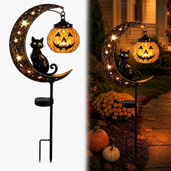 Solar Halloween Garden Stake Light with Hanging Pumpkin Lantern Accent,C | Outdoor Solar Yard Decoration with Cat Silhouette, Crescent Frame,Warm Amber Glow for Porch, Lawn, Patio and Pathway Display