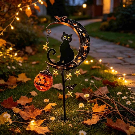 Solar Halloween Garden Stake Light (Pumpkin+Bat) | Black Cat & Pumpkin Moon Outdoor Decor, Waterproof Auto On/Off Solar Yard Light for Lawn, Patio, Pathway & Garden