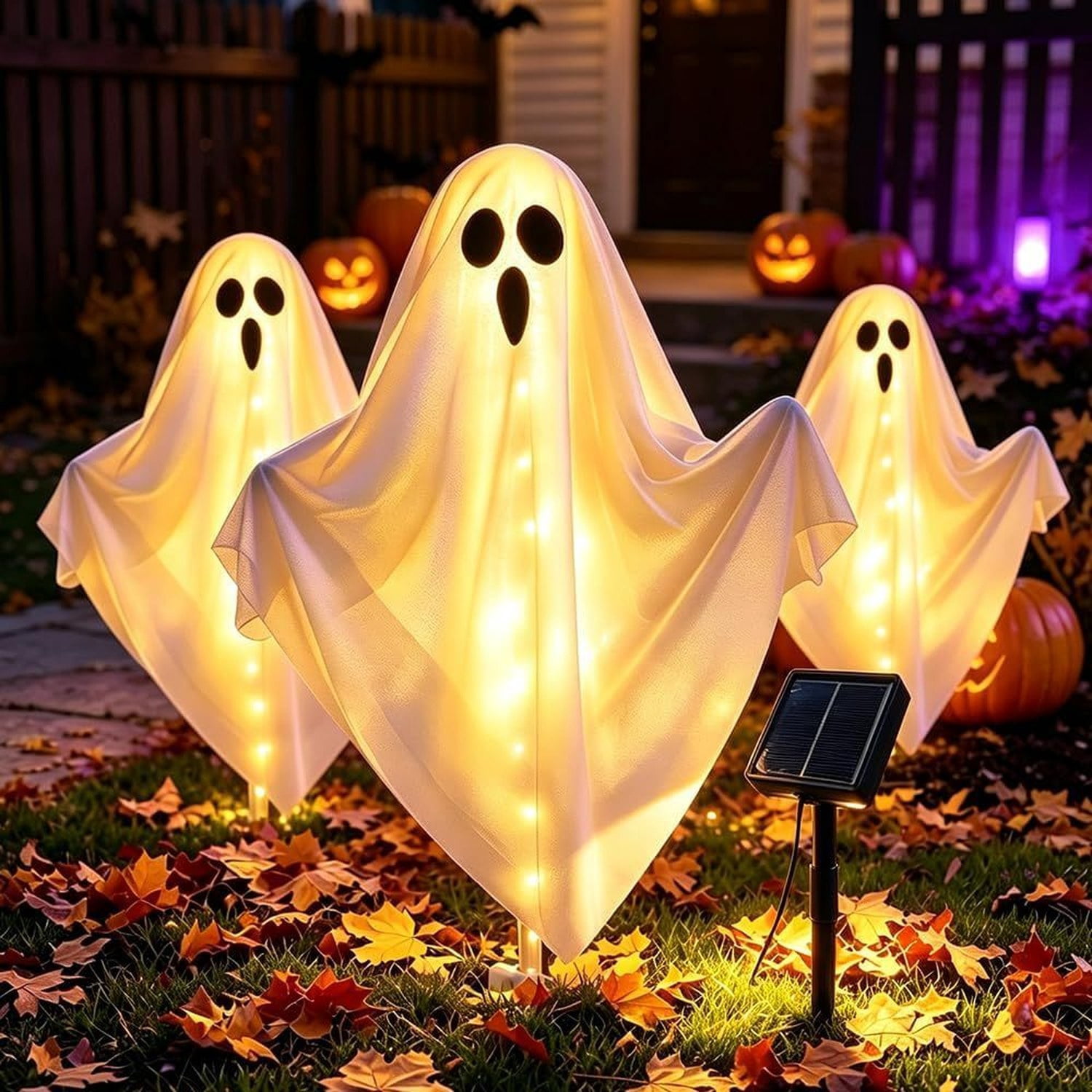 Solar Halloween Ghost Decorations, 3-Piece Outdoor Light Set with 8 Lighting Modes, Bendable Arms, Auto On/Off, 37.5 x 25.6 in