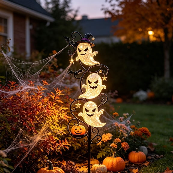 Solar Halloween Ghost Garden Stake Lights, Metal Glowing Ghost Yard Decor, IP65 Waterproof Outdoor Pathway Lights with Crackle Ghosts Pumpkin Star Ornament for Patio Lawn Halloween Decorations