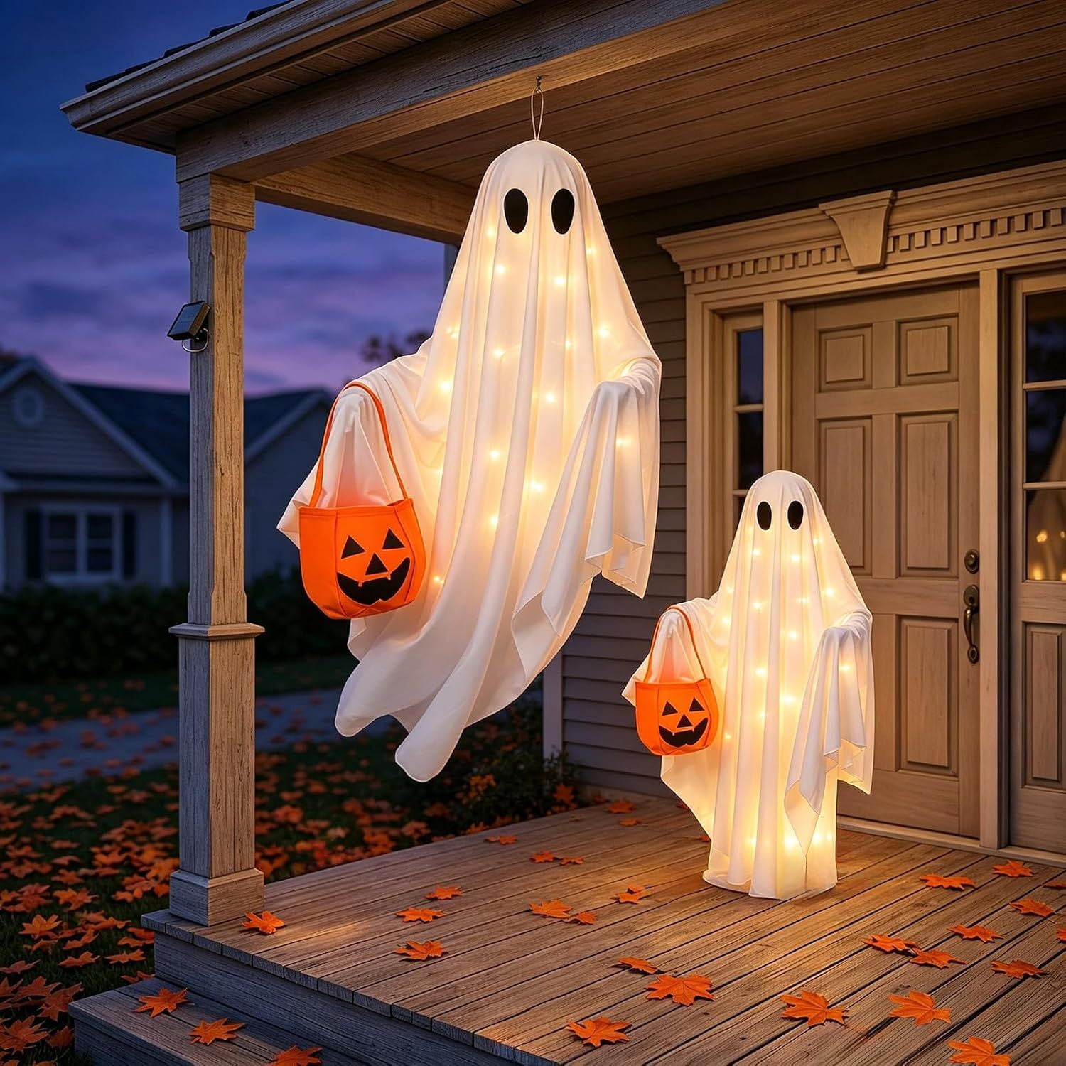 Solar Halloween Ghost Lights, 2 Pack Hanging and Stake Yard Decorations with 30 Warm White LEDs, 14.57 in, Weather Resistant