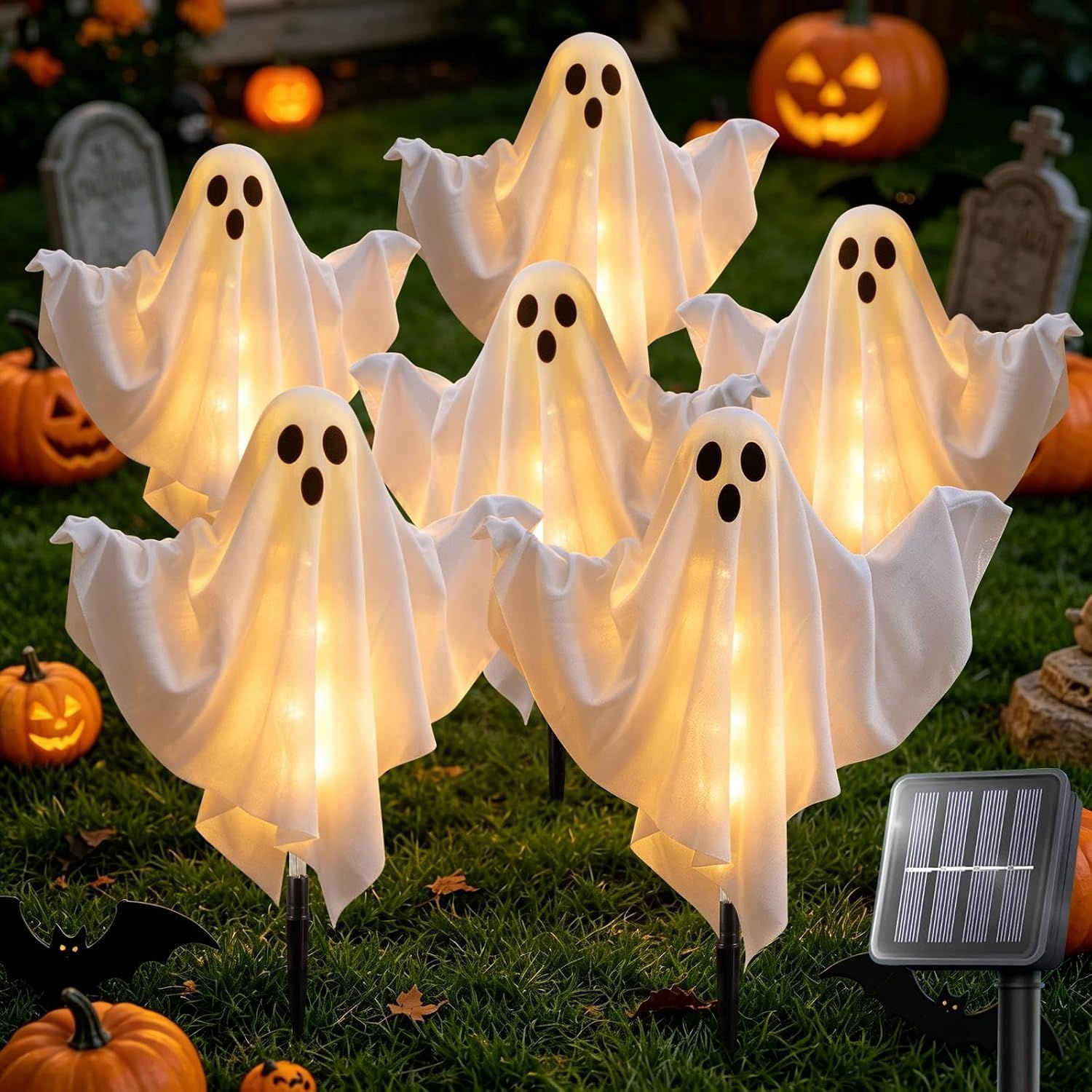 Solar Halloween Ghost Lights, 6-Piece Outdoor Stake Decorations with Warm White Glow and Poseable Arms for Garden Path, Yard, Porch, and Haunted House Displays