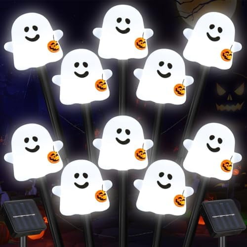 Solar Halloween Ghost Pathway Lights, 10 Pack Ghost Stake Lights with Pumpkin Design, Durable Waterproof Outdoor Halloween Decoration for Garden, Walkway, and Yard (Cold White)