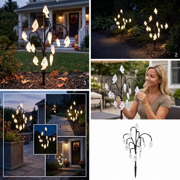 Solar Halloween Ghost Tree Stake Lights, Waterproof LED Ghost Lamp with Adjustable Flexible Branches, Automatic Dusk-to-Dawn Solar Charging, Cute Warm Glow Plastic Yard Fall Holiday Decor Gift