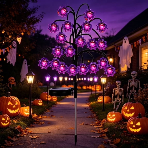 Solar Halloween Ground Stake Light Set Pumpkin Bat Spider Web Outdoor Decor for Yard Garden Walkway Holiday Festive Scene Auto On Off Night Lighting