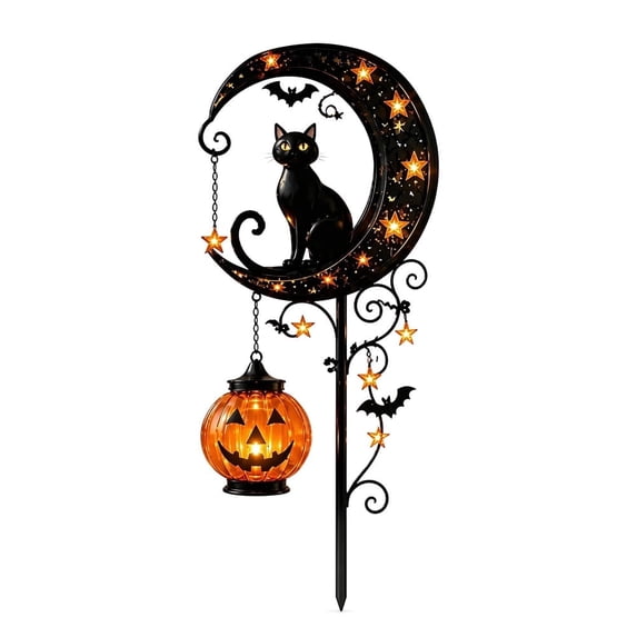 Solar Halloween Lights,Black Cat & Pumpkin Moon Stake Light Outdoor Halloween Decorations, Waterproof Pathway Lights for Yard Lawn Patio Walkway Party Decor