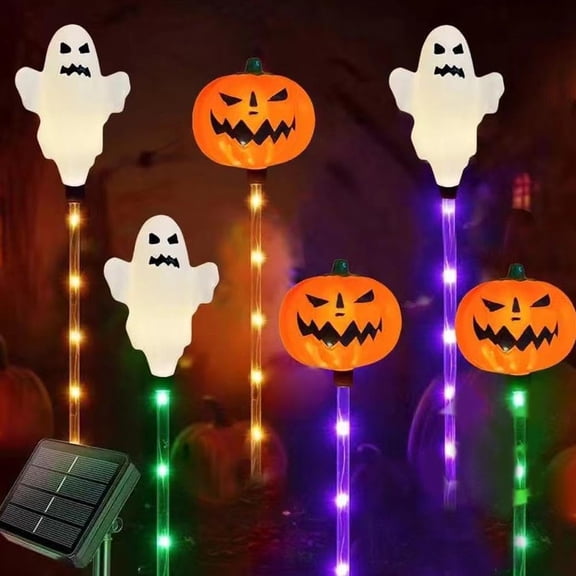 Solar Halloween Lights Outdoor - 6 Pack Pumpkin Bat Ghost Stake Decor, Waterproof Garden Pathway Lawn Grave Decorations for Patio Yard Home Party