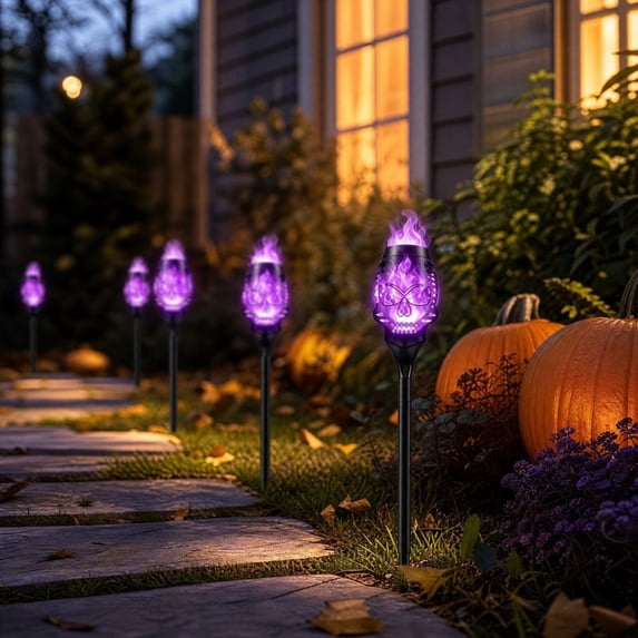 Solar Halloween Lights Outdoor, Purple Skull Torch Lights |19Inch Flickering Flames, Spooky Skull Design, Auto-On at Dusk, IP65 Weather-Resistant, Tool-Free Setup