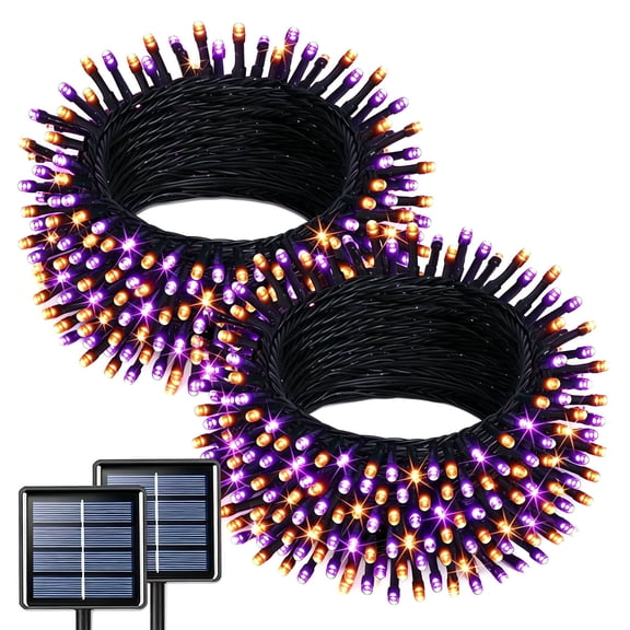 Solar Halloween Lights Outdoor Waterproof String Lights, 45FT 100LED Orange and Purple Fairy Lights with 8 Modes for Garden, Yard, Pathway and Fence, 2-Pack (50LED per Light)