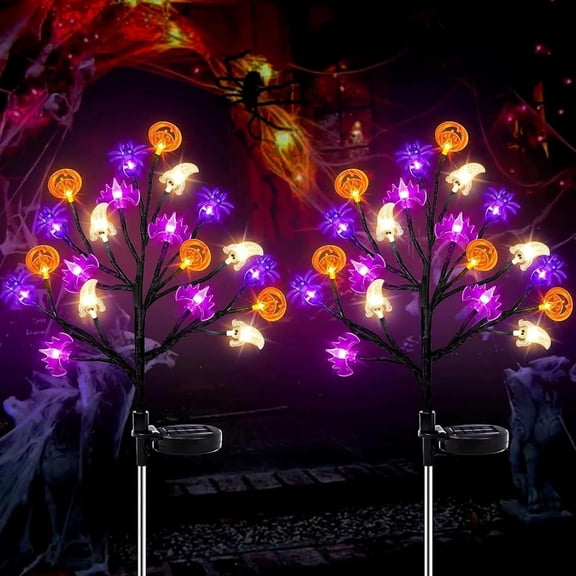 Solar Halloween Path Lights, 2 Pack 40LED Ghost Pumpkin Bat Spider Stake Lights with 8 Modes for Garden Patio Yard Decor (Purple)