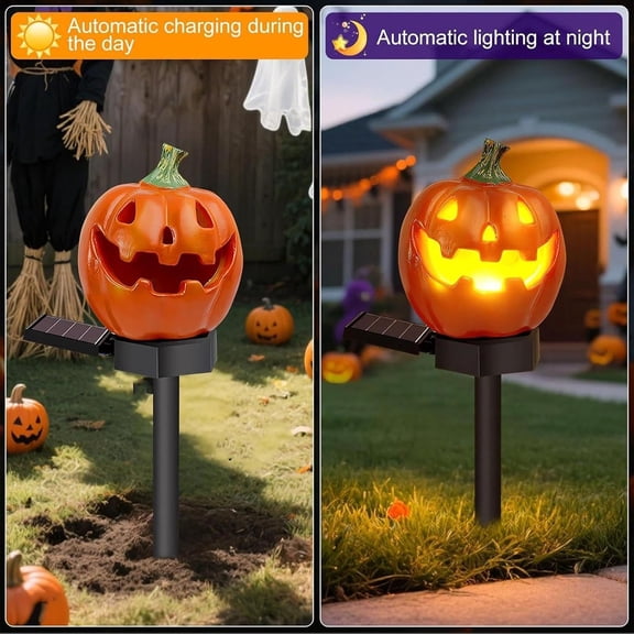 Solar Halloween Powered Pumpkin Walkway Lights, Waterproof Resin Fall Decoration Solar Pumpkin Stake Lights for Backyard Lawn Path Park Front Porch Landscape