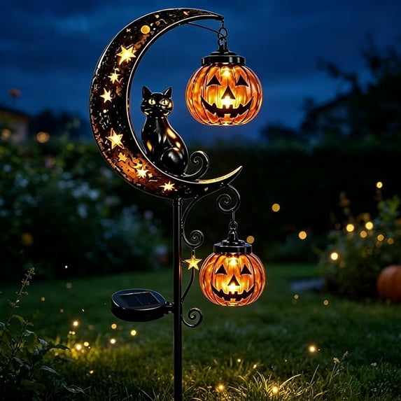 Solar Halloween Pumpkin Black Cat Moon Garden Stake Light, Solar Lights Garden Decor for Walkway Yard Patio Lawn, Hanging Jack-o'-Lantern for Fall Party Halloween Decorations Outdoor