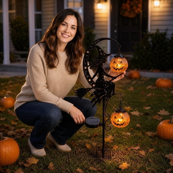Solar Halloween Pumpkin Moon Garden Stake Light, Garden Decorations Lantern, Outdoor Lawn Stake Decor for Yard Pathway Patio