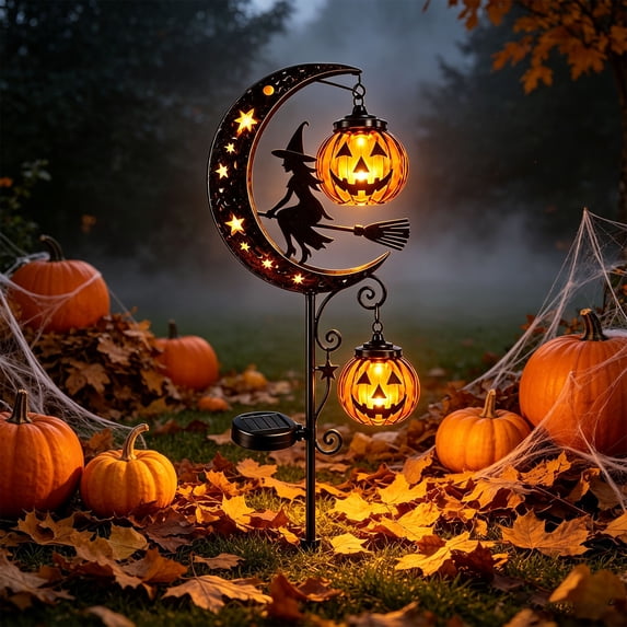 Solar Halloween Pumpkin & Moon Garden Stake Lights, Waterproof Metal Pumpkin Lantern Yard Decor, Outdoor LED Hanging Pumpkin Light for Patio, Walkway, Porch, Lawn Halloween Decorations
