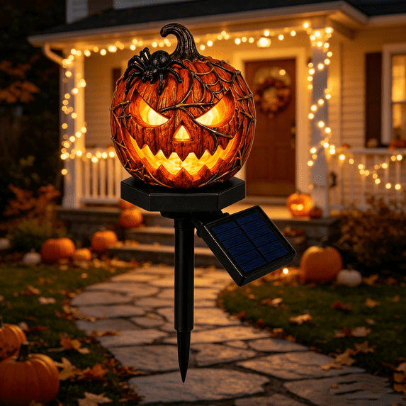 Solar Halloween Pumpkin Pathway Lights, 11.4in Waterproof Resin Pumpkin Stake Lights Solar Halloween Decorations Outdoor Fall Decoration Light for Yard Outside Garden