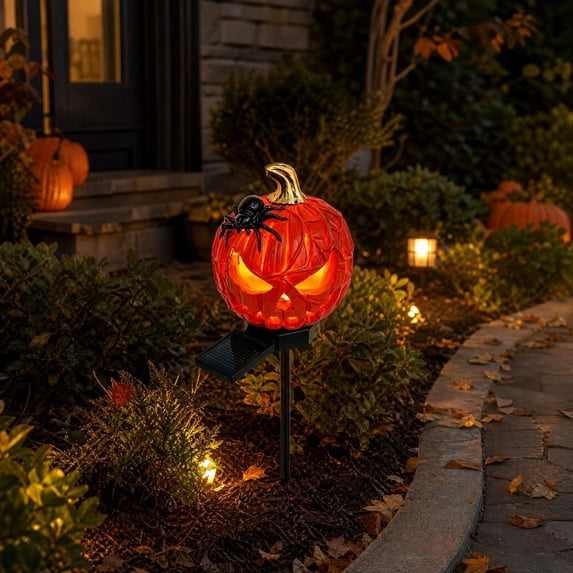 Solar Halloween Pumpkin Stake Lights, Outdoor Resin Jack-O-Lantern Garden Decor with Auto-On Led, Waterproof Pathway Yard Ornament for Patio Lawn Fall Party