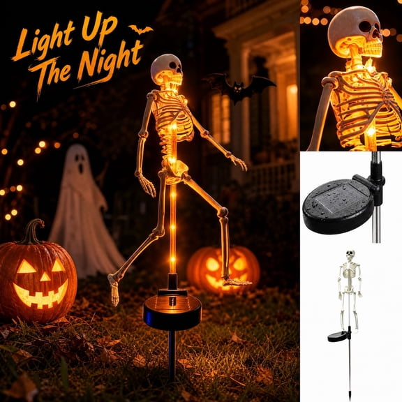 Solar Halloween Skeleton Stake Light, 30" Waterproof Metal Skeletal Figure with Warm LED Glow, Auto On/Off Outdoor Garden Yard Pathway Lawn Patio Fall Decor