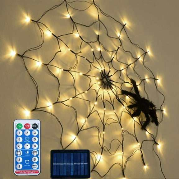 Solar Halloween Web Lights with 60 LED Net, Remote Control Waterproof Decor, Includes Realistic Spider for Outdoor Garden Yard Party Decoration