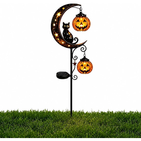 Solar Halloween White Ghost & Pumpkin Moon Garden Stake Light, Outdoor Waterproof LED Halloween Yard Decoration with Crescent Moon, Hanging Jack-o'-Lantern Lantern for Garden, Patio, Walkway, Porch