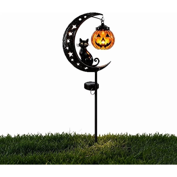 Solar Halloween White Ghost & Pumpkin Moon Garden Stake Light, Outdoor Waterproof LED Halloween Yard Decoration with Crescent Moon, Hanging Jack-o'-Lantern Lantern for Garden, Patio, Walkway, Porch