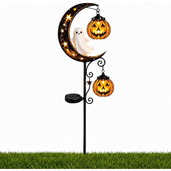 Solar Halloween White Ghost & Pumpkin Moon Garden Stake Light, Outdoor Waterproof LED Halloween Yard Decoration with Crescent Moon, Hanging Jack-o'-Lantern Lantern for Garden, Patio, Walkway, Porch