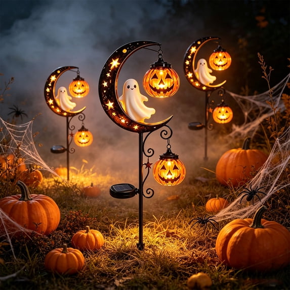 Solar Halloween White Ghost & Pumpkin Moon Garden Stake Light, Outdoor Waterproof LED Yard Decoration with Crescent Moon, Hanging Pumpkin Lantern for Garden, Patio, Walkway, Porch