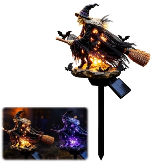 Solar Halloween Witch Garden Light Outdoor Yard Decor, 17.7 Inch Resin Witch Stake Lamp with Ground Plug for Patio Pathway Porch Garden Spooky LED Decoration (A)