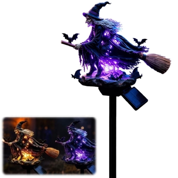 Solar Halloween Witch Garden Light Outdoor Yard Decor, 17.7 Inch Resin Witch Stake Lamp with Ground Plug for Patio Pathway Porch Garden Spooky LED Decoration (B)