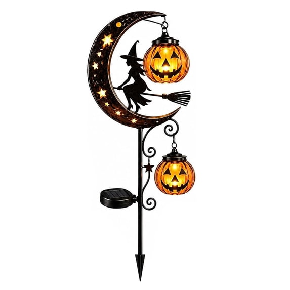 Solar Halloween Witch Pumpkin Garden Stake Light with Crescent Lantern,Waterproof Outdoor LED Yard Decor for Patio Pathway