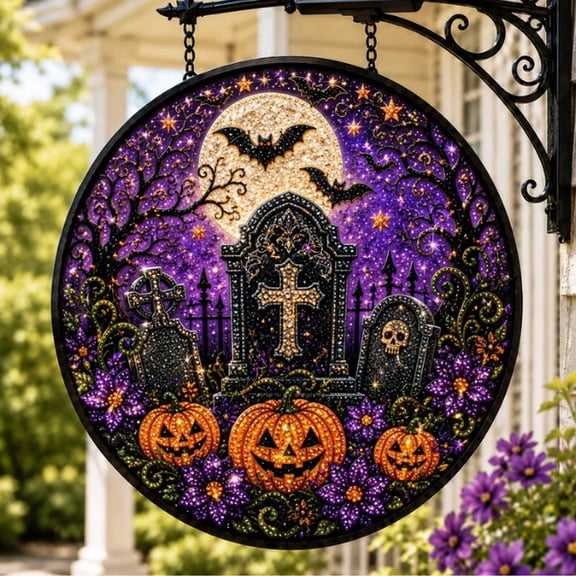 Solar Halloween hanging sign light Glowing Jack O Lantern Moon Cemetery Themed LED Hanging Plaque Light for Front Door Patio Seasonal Decor,A