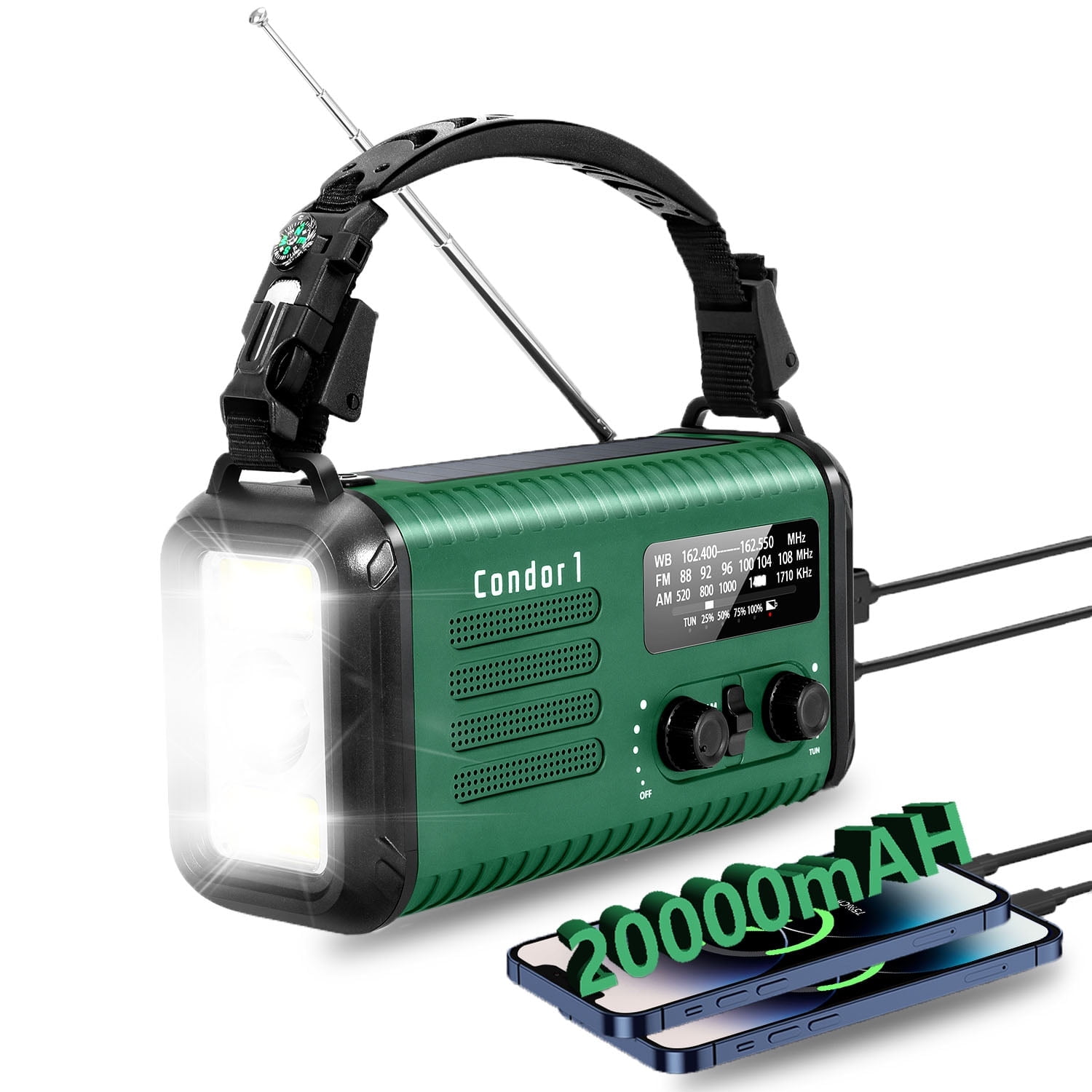 Solar Hand Crank Emergency Radio, 20000mAh NOAA/AM/FM Weather Alert Radio with USB Charger, LED Reading Light, Flashlight & SOS Function