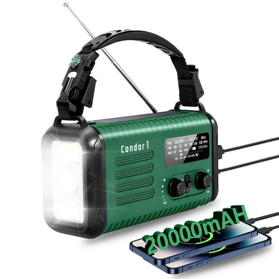 Solar Hand Crank Emergency Radio, 20000mAh NOAA/AM/FM Weather Alert Radio with USB Charger, LED Reading Light, Flashlight & SOS Function