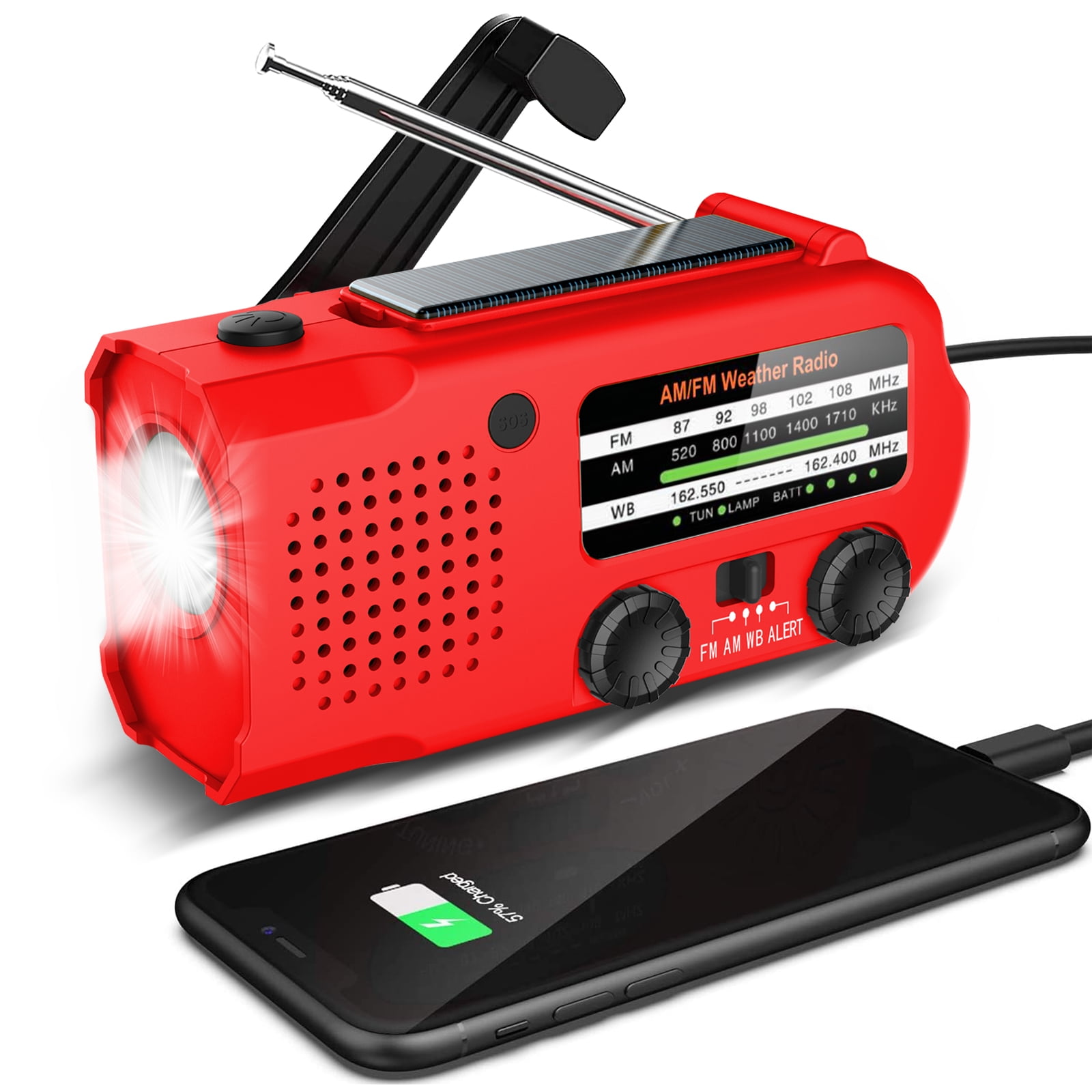 Solar Hand Crank Emergency Radio, EEEkit Portable NOAA Weather Radio with AM /FM/WB, LED Flashlight, Power Bank USB Charger, SOS Alarm,  Water-resistant Outdoor Household Emergency Device, Red
