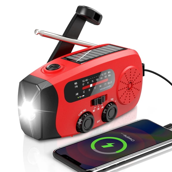 Solar Hand Crank Emergency Radio, TIFOR Portable Weather Radio with AM/FM/WB, 3 LED Flashlight, Power Bank USB Charger, SOS Alarm, Water-resistant Outdoor Household Emergency Device, Red