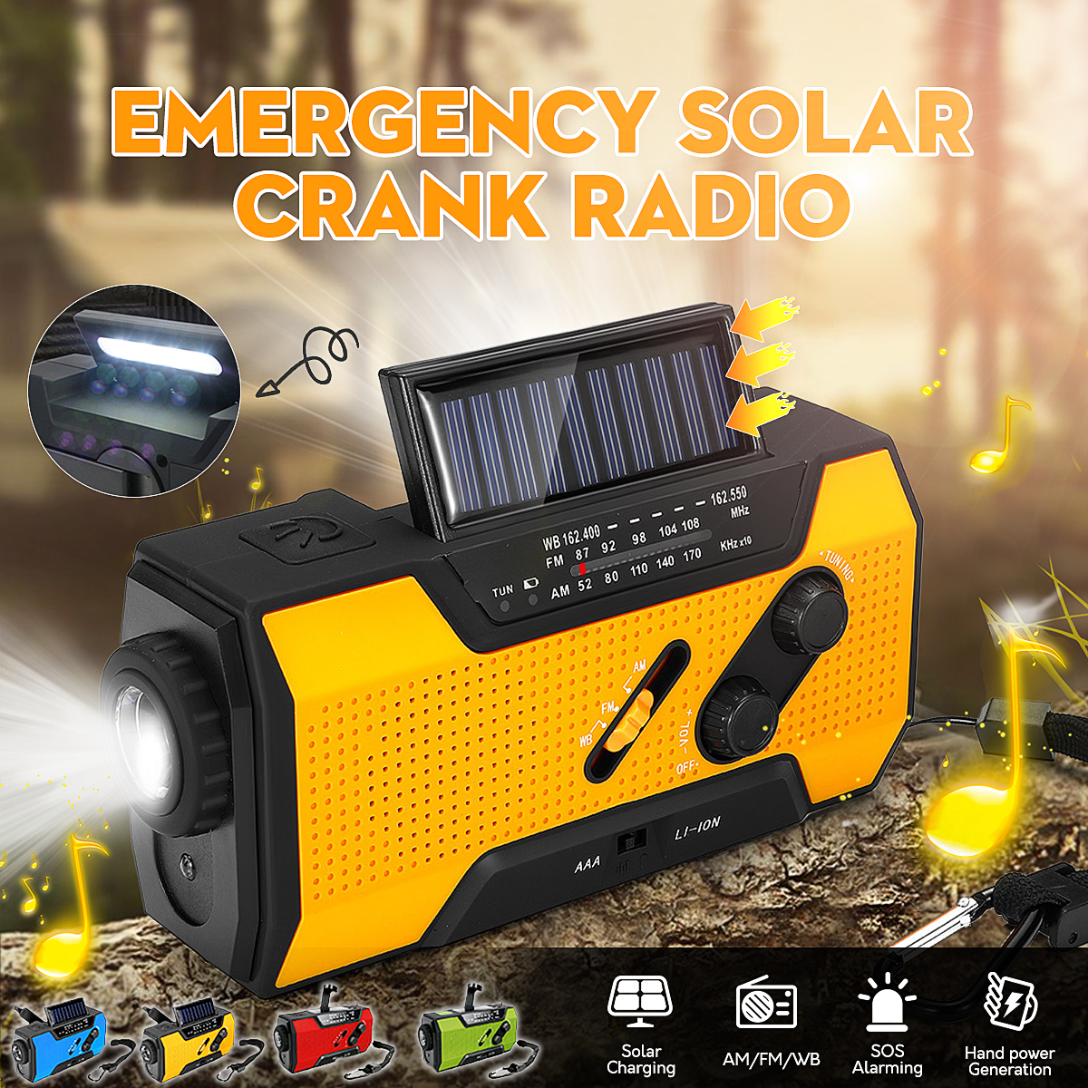 Solar Hand Crank Portable Radio NOAA Weather Radio with AM/FM, LED Flashlight, Reading Lamp, 2000mAh USB and SOS Alarm for Household and Outdoor Emergency - image 1 of 8