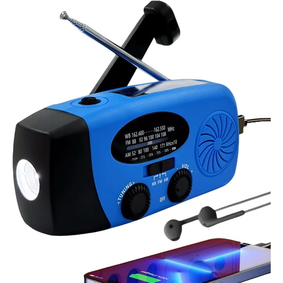 Solar Hand Crank Weather Radio, Portable Self NOAA AM/FM Radios with SOS LED Flashlight 5000mAh Phone USB Charger for Camping (Blue)