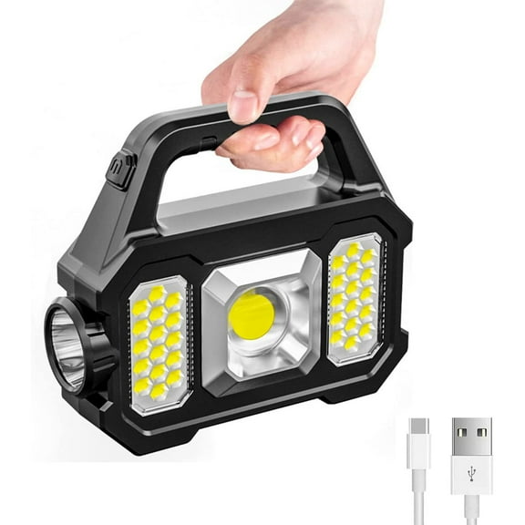 Solar Handheld Flashlight with USB Cable, 6 Modes Rechargeable Multifunction Lights Super Bright LED Searchlight, Lightweight Waterproof Portable Spotlight