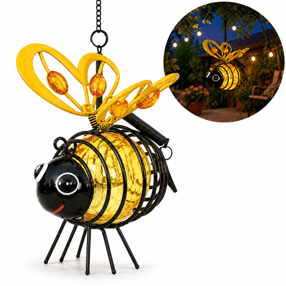 Solar Hanging Bee Light Outdoor, Warm Amber Glow Flicker-Free Garden Decor, Iron Bumblebee Lantern with Hook for Patio Yard Camping