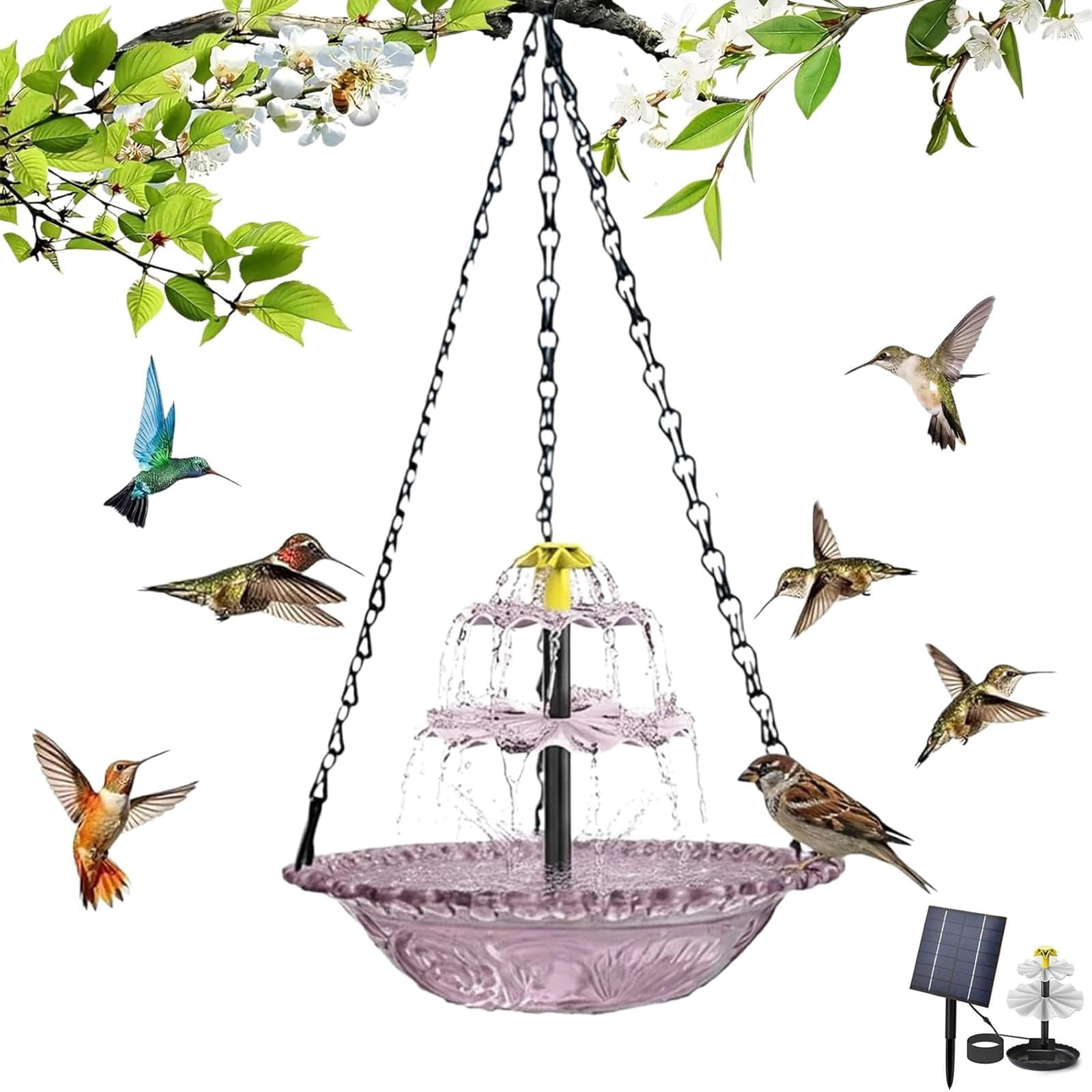 Solar Hanging Bird Bath Fountain, 3-Layer Metal Outdoor Bird Bath with Solar Pump, Water Feature for Backyard Garden Patio, Attracts Hummingbirds & Wild Bird