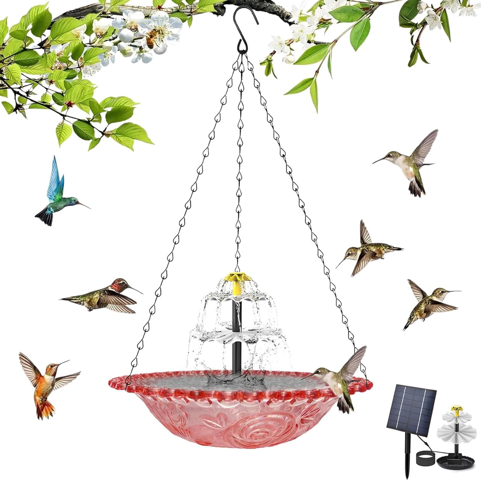 Solar Hanging Bird Bath Fountain, 3-Layer Metal Outdoor Bird Bath with Solar Pump, Water Feature for Backyard Garden Patio, Attracts Hummingbirds & Wild Bird
