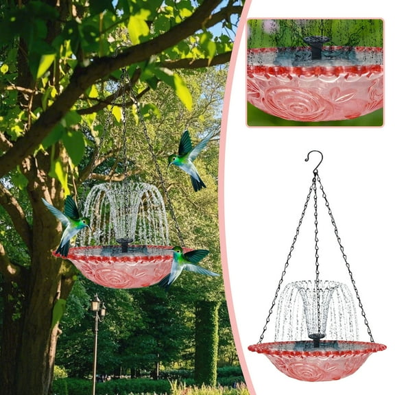 Solar Hanging Bird Bath Fountain - Colorful Glass Bowl with Solar Water Pump, Outdoor Decorative Water Feature to Attract Hummingbirds & Songbirds for Garden, Patio Decor