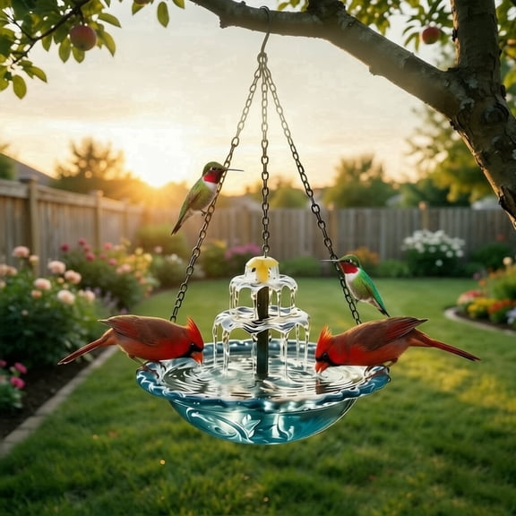 HearthLoop Hanging Solar Bird Bath Fountain, Blue Wireless Cascading Water Feature – Solar Powered for Garden, Patio, Hummingbirds