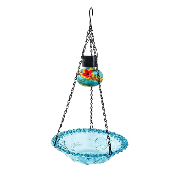 Solar Hanging Bird Feeder for Outdoors, Metal Bird Feeding Station with Solar Light for Garden & Patio, Weather-Resistant Wild Bird Feeder with 14.5" Chain & Glass Seed Tray, Decorative Yard Art