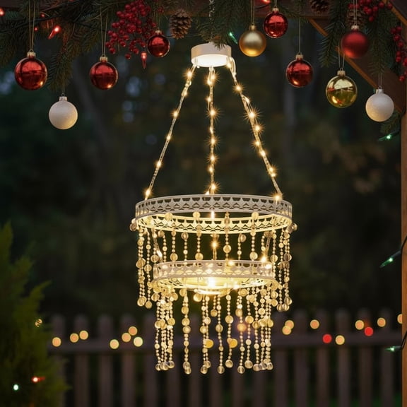 Solar Hanging Crystal Chandelier Outdoor Garden Decorative Lights One Bright WarmLED and 5ft LED Strip Waterproof Hanging Lantern for Christmas,Garden, Yard, Patio, Gazebo, Party, Wedding 6 Tier