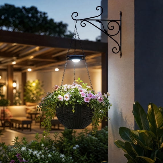 Solar Hanging Flower Pot with Light, LED Planter Basket Outdoor Suspended Pot for Patio Yard Garden Decor