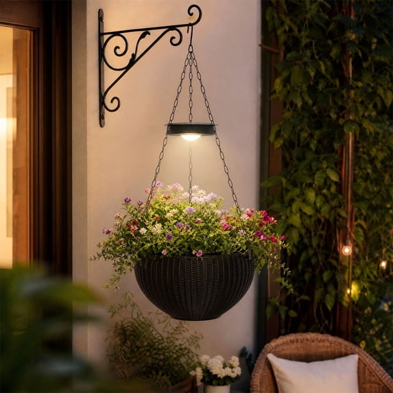 Solar Hanging Flower Pot with Light, LED Planter Basket Outdoor Suspended Pot for Patio Yard Garden Decor